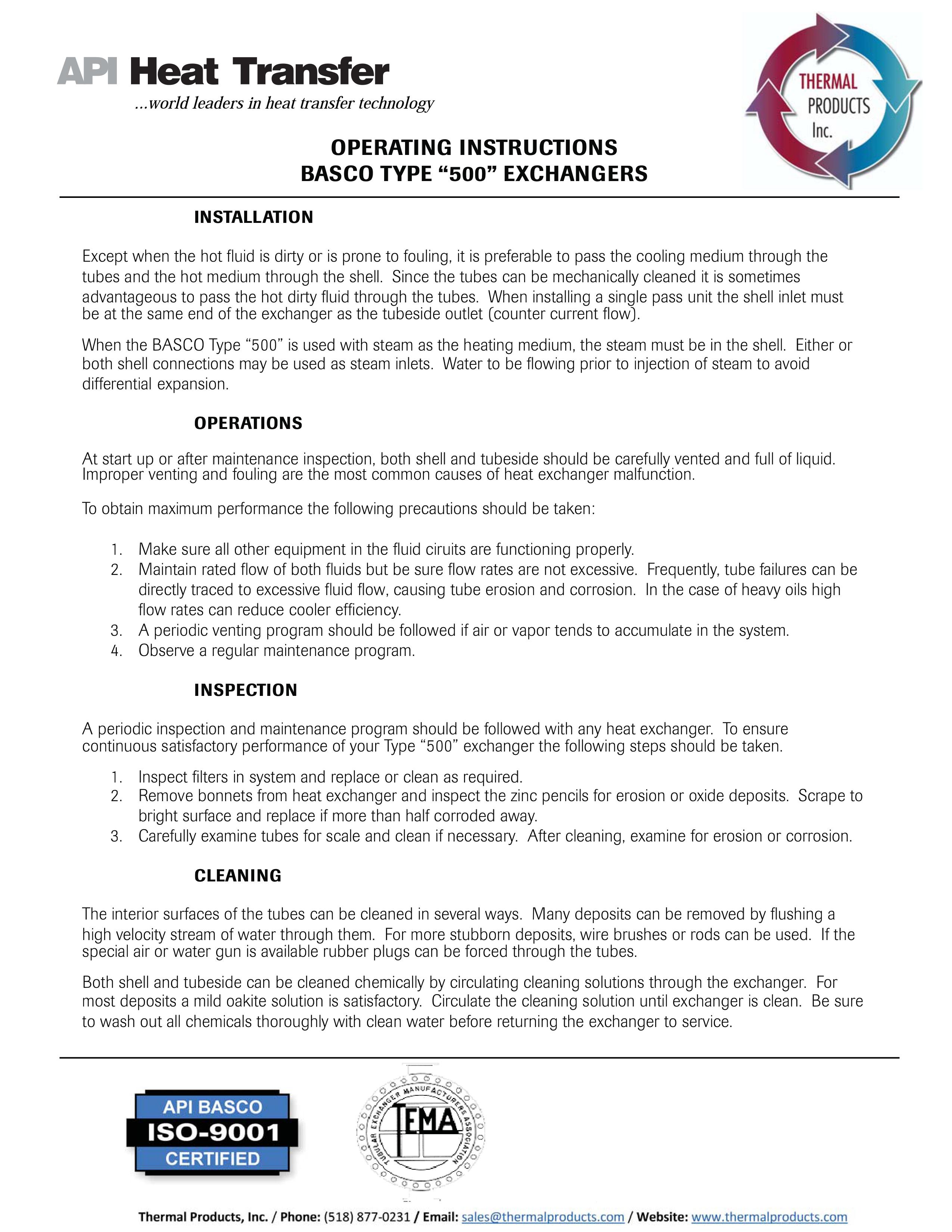 Operating Instructions Basco Type "500" Exchangers