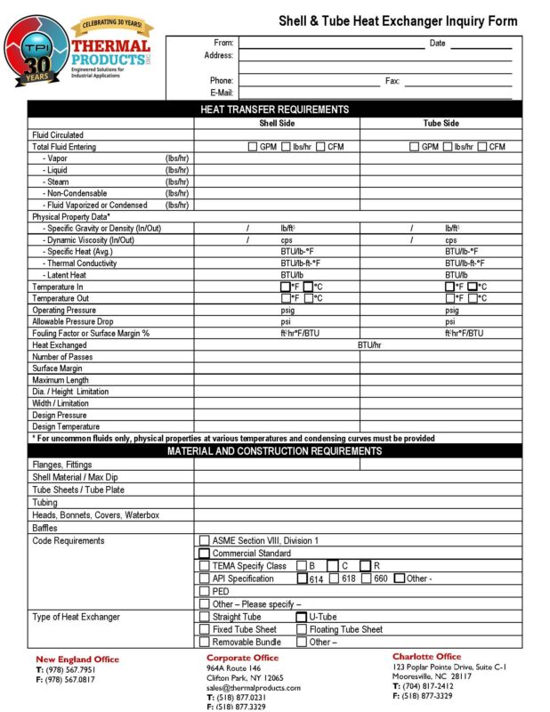 Shell & Tube Heat Exchanger Inquiry Form - Thermal Products